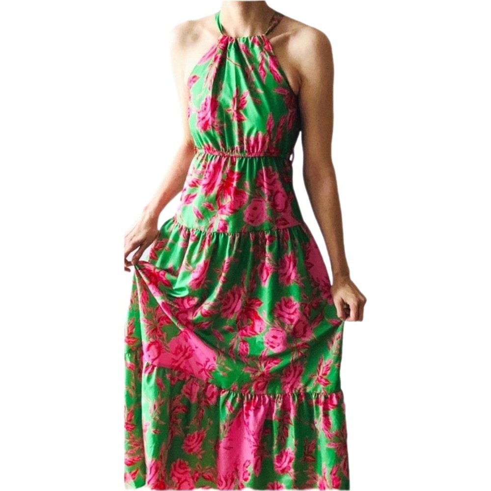 Vibrant Floral Tiered Halter Maxi Dress by CDM XS - Picture 13 of 15